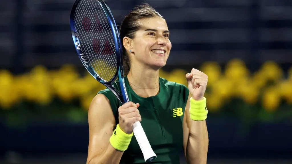 Sorana Cirstea of Romania celebrates victory over Emma Navarro of the United States in their third round match during day four of the Dubai Duty Free Tennis Championships in 2025. (Source: Christopher Pike/Getty Images)