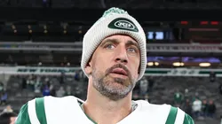 Aaron Rodgers walks on the field after the game against the Buffalo Bills at MetLife Stadium on October 14, 2024 in East Rutherford, New Jersey.