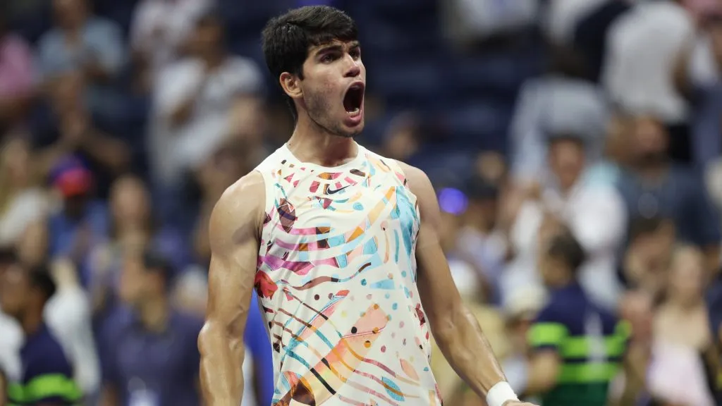 Carlos Alcaraz of Spain celebrates match point against Alexander Zverev of Germany during their Men’s Singles Quarterfinal match on Day Ten of the 2023 US Open. (Source: Clive Brunskill/Getty Images)