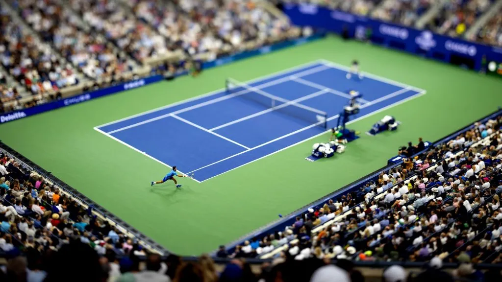 Novak Djokovic of Serbia returns a shot against Daniil Medvedev of Russia during their Men’s Singles Final match on Day Fourteen of the 2023 US Open. (Source: Al Bello/Getty Images)