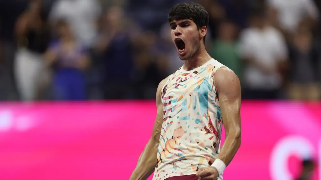 Carlos Alcaraz celebrates match point against Alexander Zverev of Germany during their Men’s Singles Quarterfinal match on Day Ten of the 2023 US Open. (Source: Matthew Stockman/Getty Images)