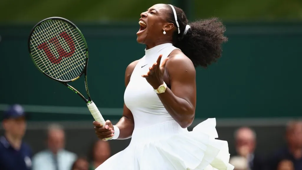 Serena Williams reacts during the Ladies Singles first round match against Amra Sadikovic of Switzerland on day two of the Wimbledon Lawn Tennis Championships in 2016. (Source: Clive Brunskill/Getty Images)