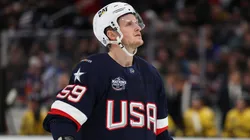 Jake Guentzel #59 of Team USA skates against Team Sweden during the second period in the 4 Nations Face-Off game at TD Garden on February 17, 2025 in Boston, Massachusetts.