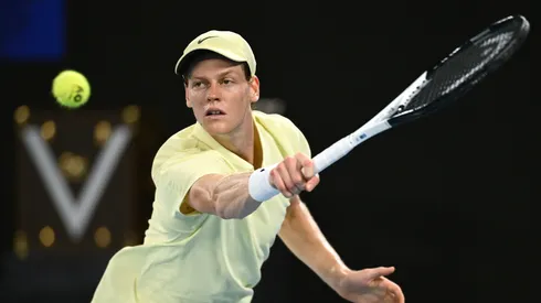 Jannik Sinner of Italy plays a backhand against Alexander Zverev of Germany in the Men's Singles Final during day 15 of the 2025 Australian Open.
