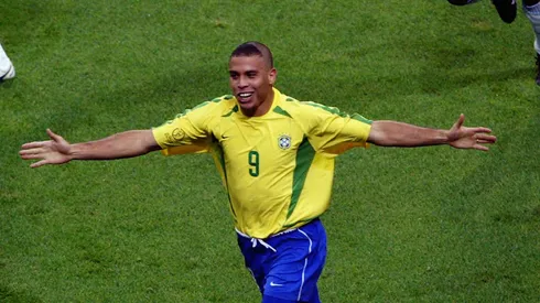 Ronaldo of Brazil celebrates scoring the winning goal during the FIFA World Cup Finals 2002 Semi-Final