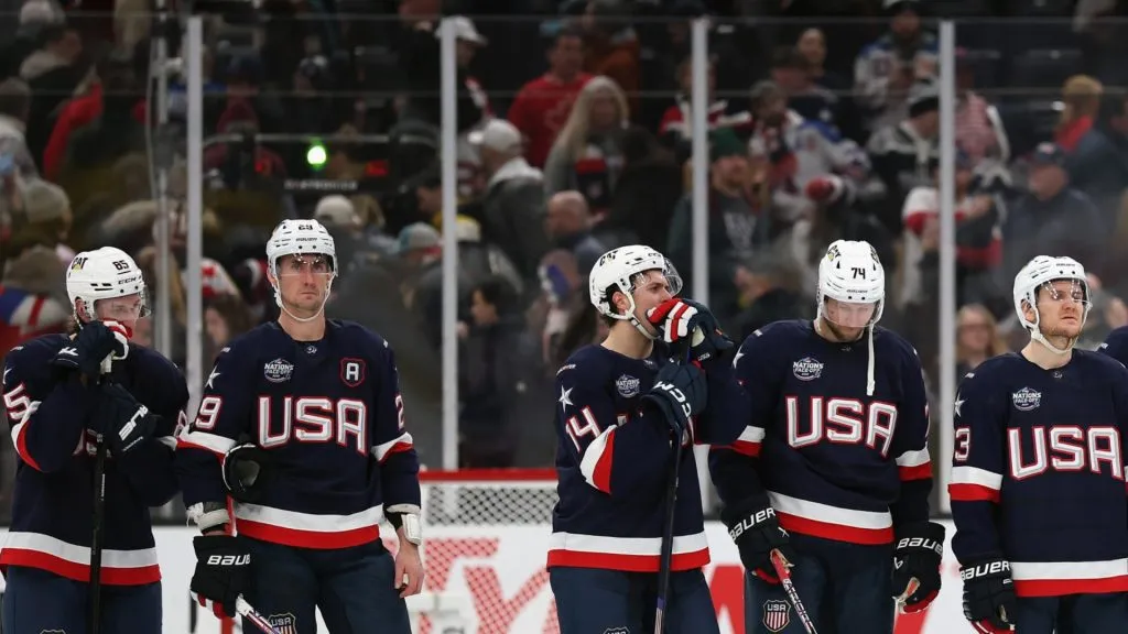 Team USA reacts to their 2-1 loss to Team Sweden in the 4 Nations Face-Off game at TD Garden on February 17, 2025 in Boston, Massachusetts.