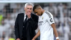 Carlo Ancelotti speaks to Kylian Mbappe at the end of the LaLiga match between Real Madrid CF and RCD Espanyol on September 21, 2024.