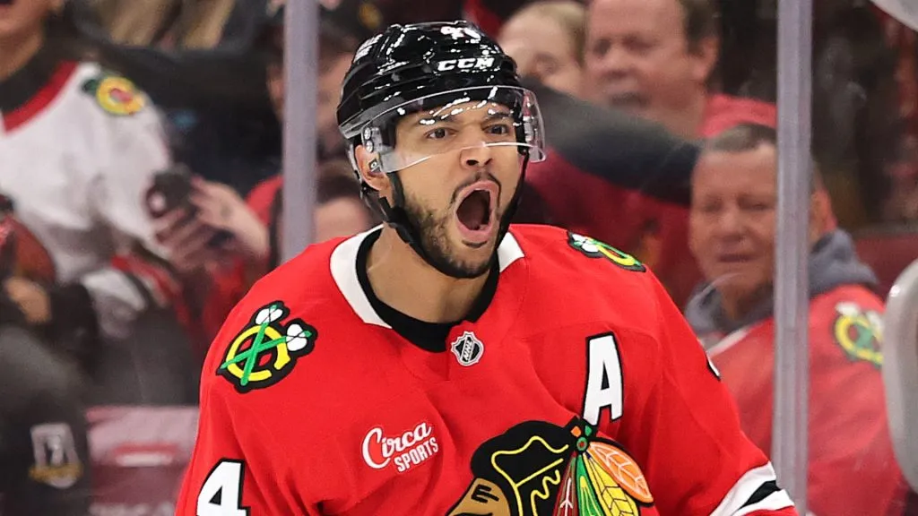 Seth Jones #4 of the Chicago Blackhawks celebrates after scoring a goal against the Nashville Predators during the second period at the United Center on February 07, 2025 in Chicago, Illinois.