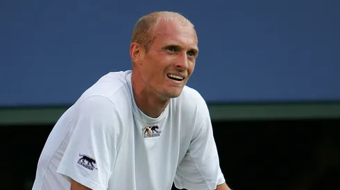 Davydenko reacts during a match against Roger Federer in the 2007 US Open