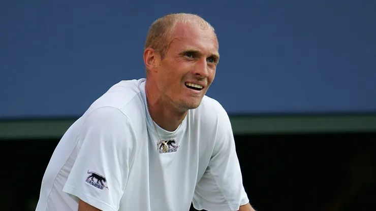 Davydenko reacts during a match against Roger Federer in the 2007 US Open