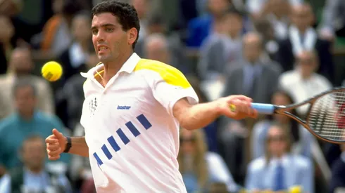 Andres Gomez of Ecuador plays a forehand return during the 1990 French Open at Roland Garros.