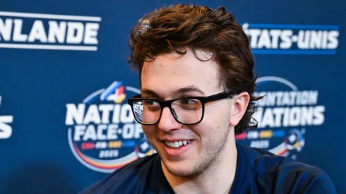 Brock Faber #14 of the United States takes questions during media day ahead of the 2025 NHL 4 Nations Face-Off at the Bell Centre on February 11, 2025 in Montreal, Quebec, Canada.