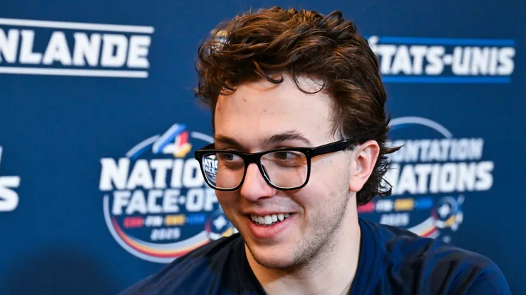 Brock Faber #14 of the United States takes questions during media day ahead of the 2025 NHL 4 Nations Face-Off at the Bell Centre on February 11, 2025 in Montreal, Quebec, Canada.