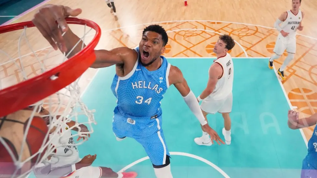 Giannis Antetokounmpo dunks the ball during the Quarterfinal match between Germany and Greece on the Olympic Games Paris 2024.