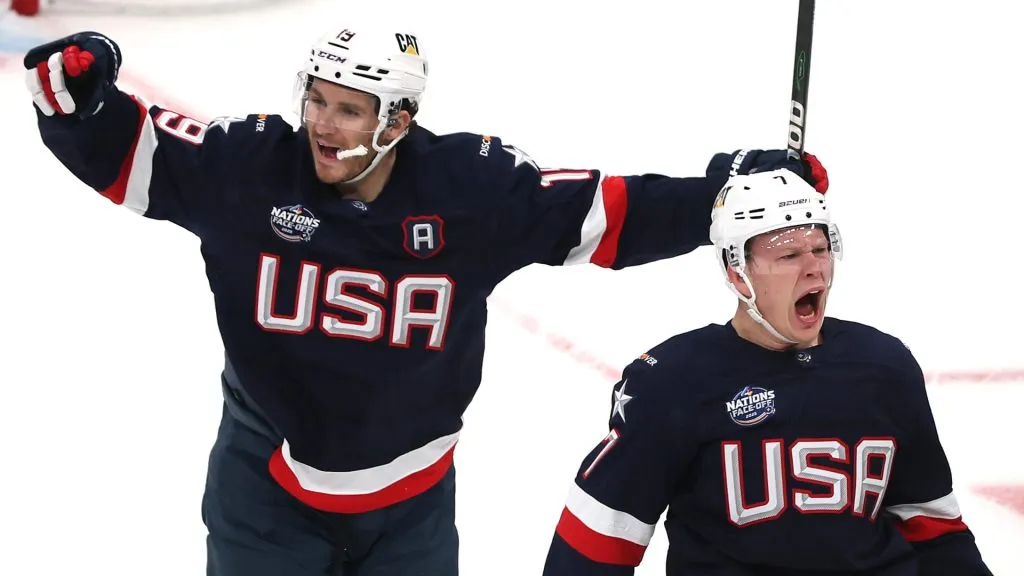 Brady Tkachuk #7 of Team United States celebrates with Matthew Tkachuk #19 after scoring a goal against Jordan Binnington #50 of Team Canada during the first period in the NHL 4 Nations Face-Off Championship Game at TD Garden on February 20, 2025 in Boston, Massachusetts.