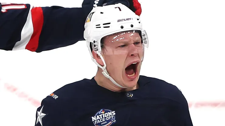 Brady Tkachuk of Team United States celebrates with Matthew Tkachuk #19 after scoring a goal against Jordan Binnington of Team Canada during the first period in the NHL 4 Nations Face-Off Championship Game