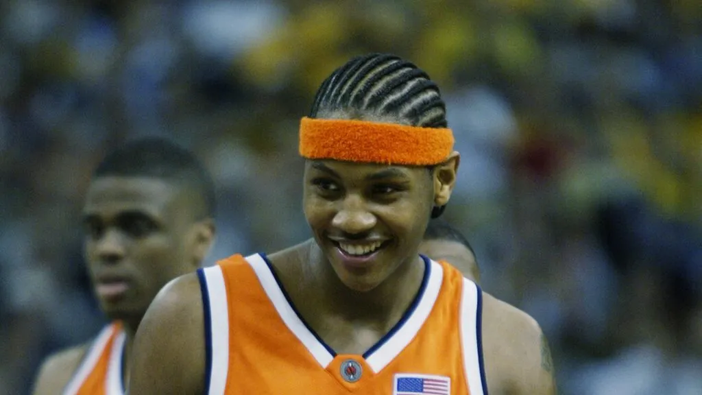 Carmelo Anthony #15 of the Syracuse University Orangeman smiles during the semifinal round of the NCAA