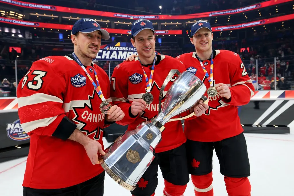Brad Marchand #63, Sidney Crosby #87 and Nathan MacKinnon #29 of Team Canada 