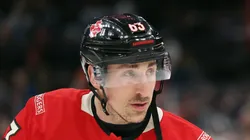 Brad Marchand #63 of Team Canada warms up prior to a game against Team Finland in the 4 Nations Face-Off game at TD Garden on February 17, 2025 in Boston, Massachusetts. (Photo by Maddie Meyer/Getty Images)