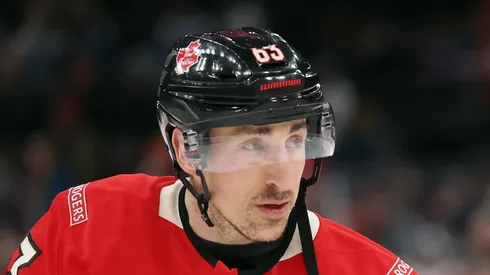 Brad Marchand #63 of Team Canada warms up prior to a game against Team Finland in the 4 Nations Face-Off game at TD Garden on February 17, 2025 in Boston, Massachusetts. (Photo by Maddie Meyer/Getty Images)