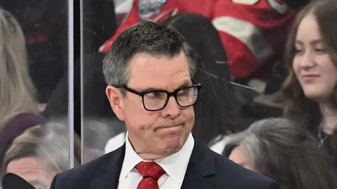 Head coach Mike Sullivan of Team USA handles the bench during the first period against Team Finland in the NHL 4 Nations Face-Off at Bell Centre on February 13, 2025 in Montreal, Quebec, Canada.