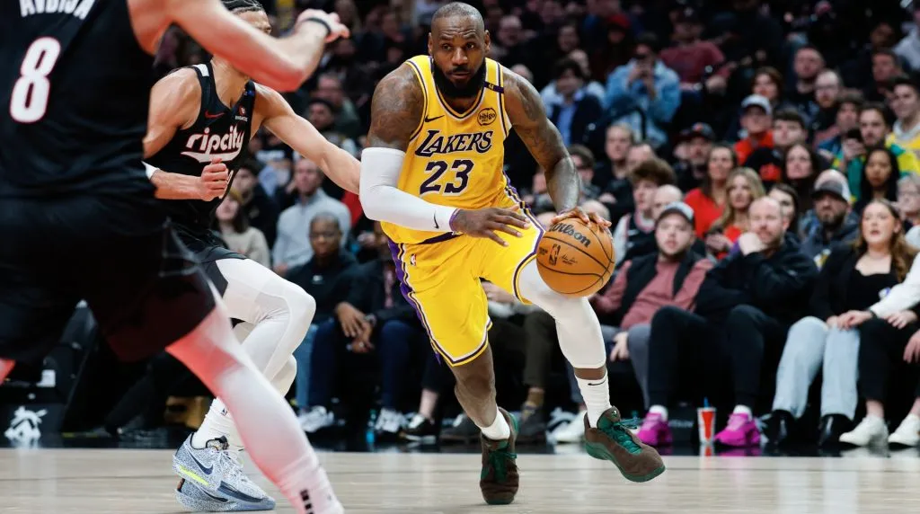 LeBron James #23 of the Los Angeles Lakers drives to the basket during the third quarter against the Portland Trail Blazers at Moda Center on February 20, 2025 in Portland, Oregon. The Los Angeles Lakers won 110-102. (Photo by Alika Jenner/Getty Images)