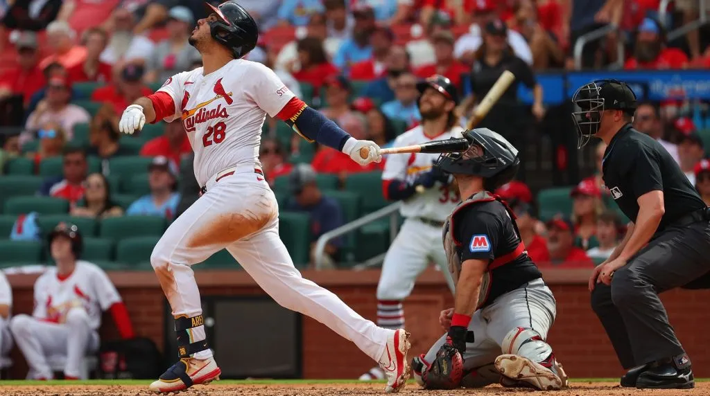 Nolan Arenado #28 of the St. Louis Cardinals hits an RBI single against the Cleveland Guardians in the sixth inning at Busch Stadium on September 22, 2024 in St Louis, Missouri. (Photo by Dilip Vishwanat/Getty Images)