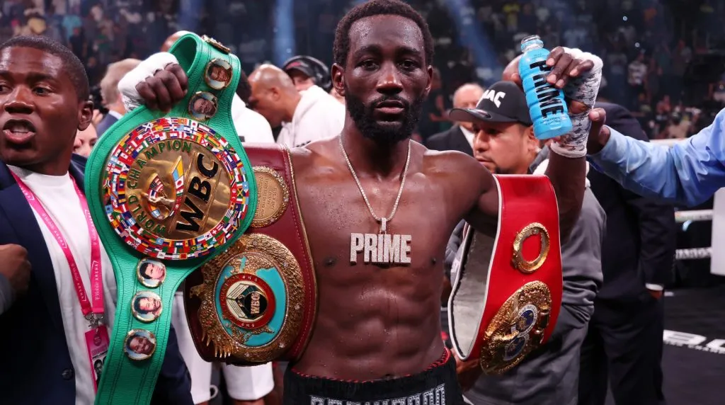 Terence Crawford celebrates with the championship belt after defeating Errol Spence Jr. in the World Welterweight Championship bout at T-Mobile Arena on July 29, 2023 in Las Vegas, Nevada. (Photo by Al Bello/Getty Images)