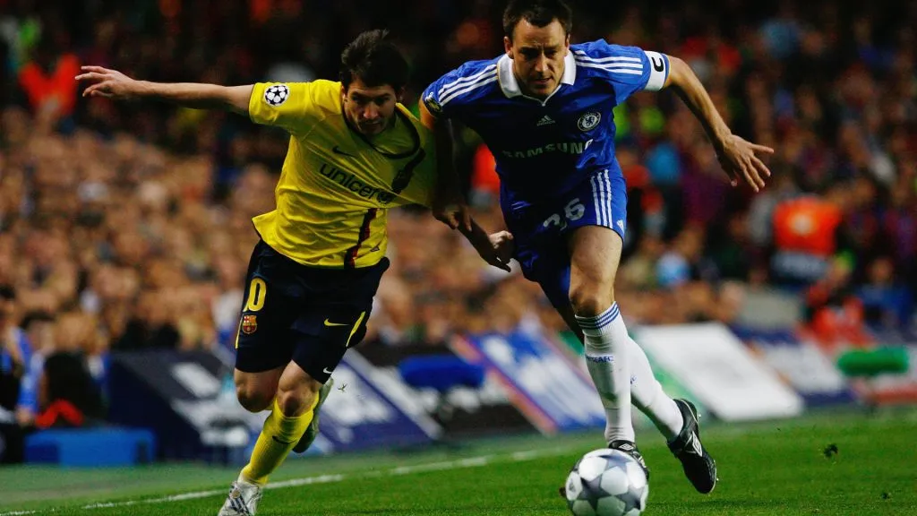 John Terry of Chelsea battles for the ball with Lionel Messi of Barcelona during the 2009 UEFA Champions League Semi Final. (Clive Rose/Getty Images)