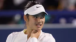Emma Raducanu of Great Britain looks on in her first round match against Marketa Vondrousova of Czech Republic.