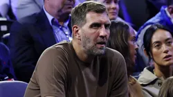 Dirk Nowitzki and Jessica Olsson watch the Men's Doubles match between Ben Shelton, Taylor Fritz of Team World, Alexander Zverev and Carlos Alcaraz of Team Europe on day one of Laver Cup at Uber Arena on September 20, 2024 in Berlin, Germany.