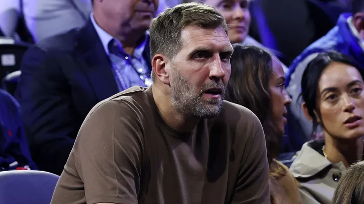 Dirk Nowitzki and Jessica Olsson watch the Men's Doubles match between Ben Shelton, Taylor Fritz of Team World, Alexander Zverev and Carlos Alcaraz of Team Europe on day one of Laver Cup at Uber Arena on September 20, 2024 in Berlin, Germany.