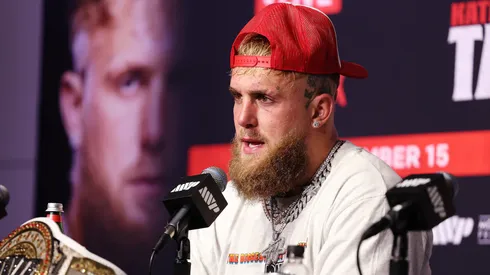 Jake Paul speaks during the post match press conference for LIVE On Netflix: Jake Paul vs. Mike Tyson at AT&T Stadium on November 15, 2024 in Arlington, Texas.