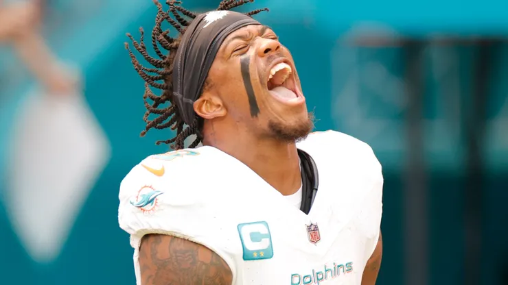 Jevon Holland #8 of the Miami Dolphins reacts prior to a game against the Denver Broncos at Hard Rock Stadium on September 24, 2023 in Miami Gardens, Florida.