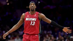 Bam Adebayo #13 of the Miami Heat celebrates a basket during the second half against the Philadelphia 76ers at the Wells Fargo Center.