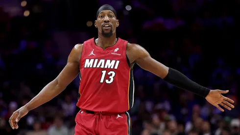 Bam Adebayo #13 of the Miami Heat celebrates a basket during the second half against the Philadelphia 76ers at the Wells Fargo Center.
