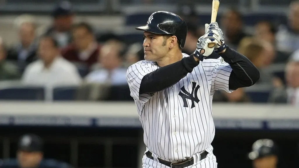 Johnny Damon #18 of the New York Yankees at bat against the Minnesota Twins in Game One of the ALDS during the 2009 MLB Playoffs at Yankee Stadium on October 7, 2009 in the Bronx borough of New York City. (Photo by Nick Laham/Getty Images)