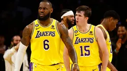 LeBron James and Austin Reaves of the Los Angeles Lakers during a game against the Memphis Grizzlies.