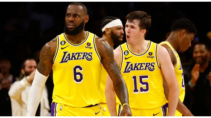 LeBron James and Austin Reaves of the Los Angeles Lakers during a game against the Memphis Grizzlies.
