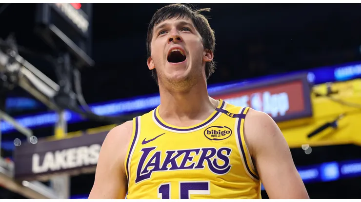 Austin Reaves #15 of the Los Angeles Lakers reacts during the second quarter against the Minnesota Timberwolves at Crypto.com Arena on October 22, 2024.
