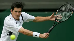 Tim Henman of Great Britain in action during his second round Wimbledon match against Ivo Heuberger of Switzerland.