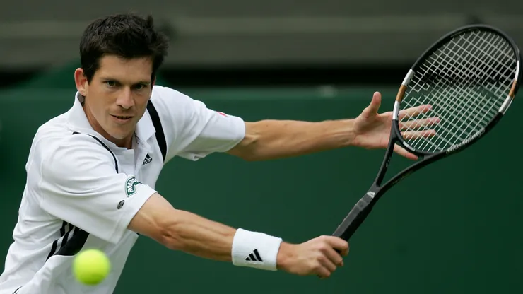Tim Henman of Great Britain in action during his second round Wimbledon match against Ivo Heuberger of Switzerland.