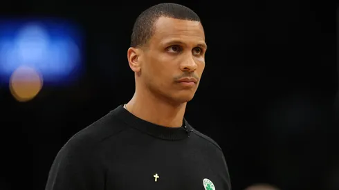 Head coach Joe Mazzulla of the Boston Celtics watches action prior to game one of the Eastern Conference Finals against the Miami Heat at TD Garden on May 17, 2023 in Boston, Massachusetts.