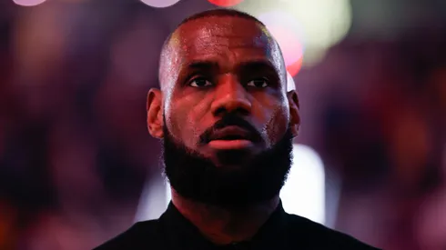 LeBron James #23 of the Los Angeles Lakers looks on before the game against the Portland Trail Blazers.