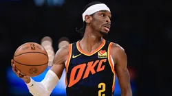 Shai Gilgeous-Alexander #2 of the Oklahoma City Thunder handles the ball during the first half against the Dallas Mavericks at Paycom Center on April 14, 2024 in Oklahoma City, Oklahoma.