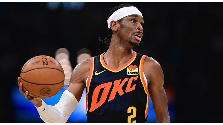 Shai Gilgeous-Alexander #2 of the Oklahoma City Thunder handles the ball during the first half against the Dallas Mavericks at Paycom Center on April 14, 2024 in Oklahoma City, Oklahoma.