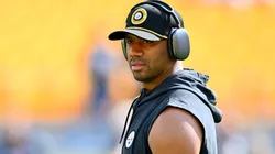 Quarterback Russell Wilson #3 of the Pittsburgh Steelers looks on during pregame warm ups prior to a game against the Los Angeles Chargers at Acrisure Stadium on September 22, 2024 in Pittsburgh, Pennsylvania.