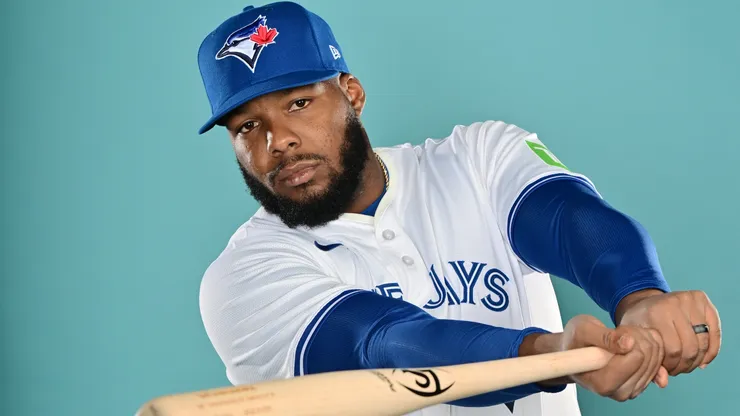 Vladimir Guerrero Jr #27 of the Toronto Blue Jays poses for a picture during the 2025 Toronto Blue Jays Photo day at the Player Development Complex on February 21, 2025 in Dunedin, Florida.