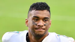 Tua Tagovailoa #1 of the Miami Dolphins walks off after their game against the Los Angeles Rams at Hard Rock Stadium on November 01, 2020 in Miami Gardens, Florida.