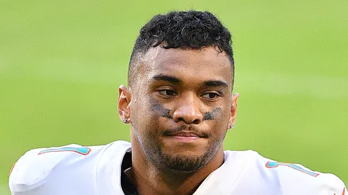 Tua Tagovailoa #1 of the Miami Dolphins walks off after their game against the Los Angeles Rams at Hard Rock Stadium on November 01, 2020 in Miami Gardens, Florida.